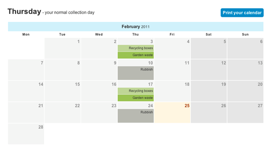 Waste Collection Calendar Print Screen