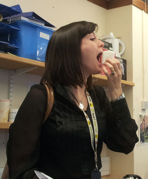 Lou eating a massive marshmallow